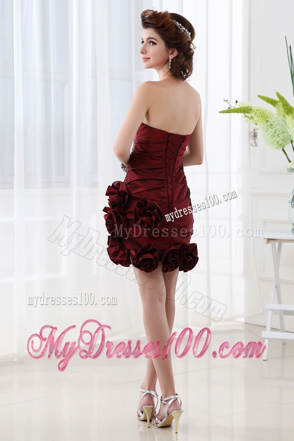 Column Burgundy Beadings Hand Made Flowers Sweetheart Evening Dress