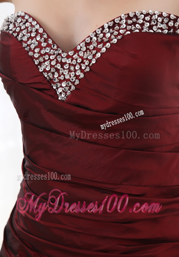 Column Burgundy Beadings Hand Made Flowers Sweetheart Evening Dress