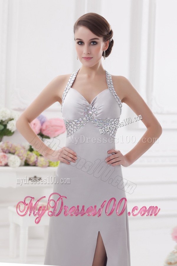 Column Halter Top High Slit Beading Evening Dress in Light Grey