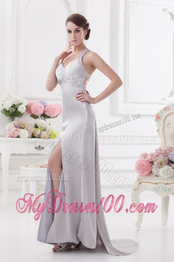 Column Halter Top High Slit Beading Evening Dress in Light Grey