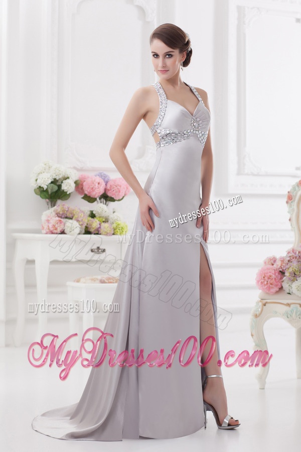 Column Halter Top High Slit Beading Evening Dress in Light Grey