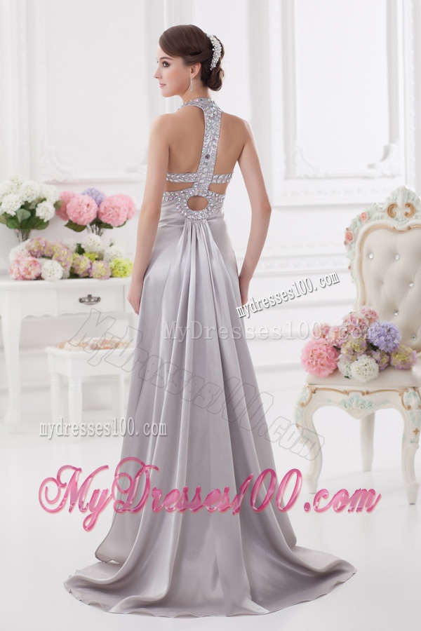 Column Halter Top High Slit Beading Evening Dress in Light Grey