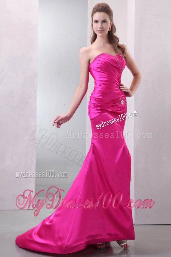 Column Hot Pink High Slit Sweetheart Beading and Ruching Evening Dress