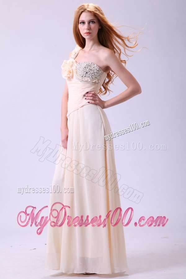 Column One Shoulder Beading Chiffon Long Champagne Evening Dress