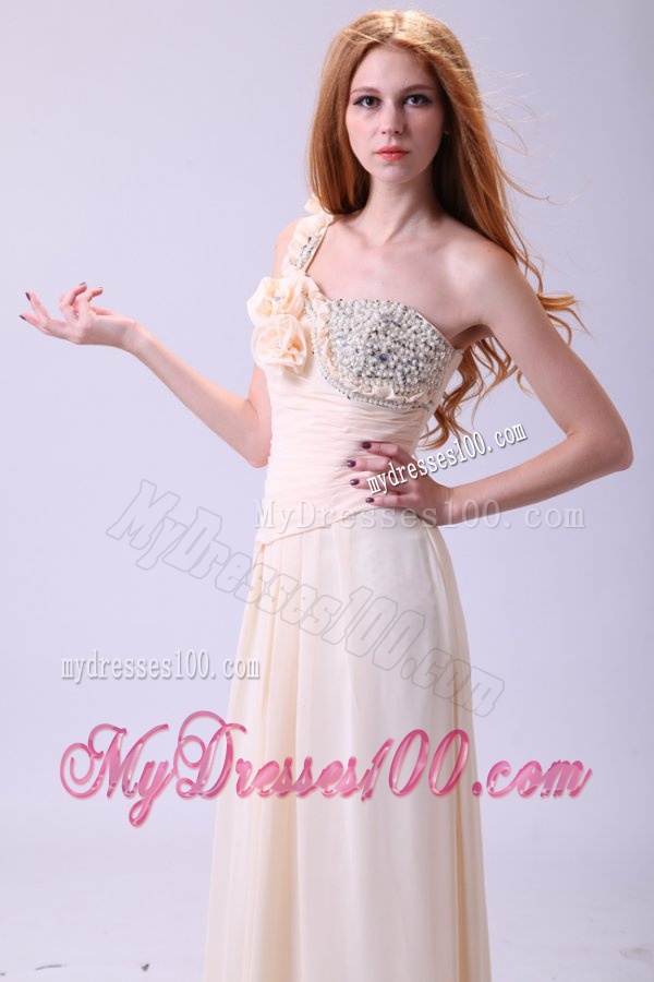 Column One Shoulder Beading Chiffon Long Champagne Evening Dress