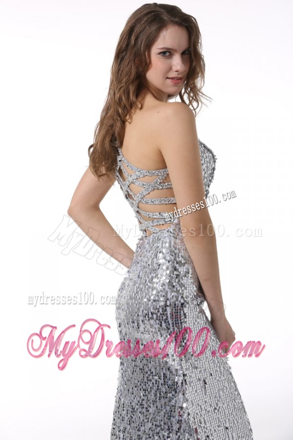 Column One Shoulder Sliver Brush Train Sequins Evening Dress