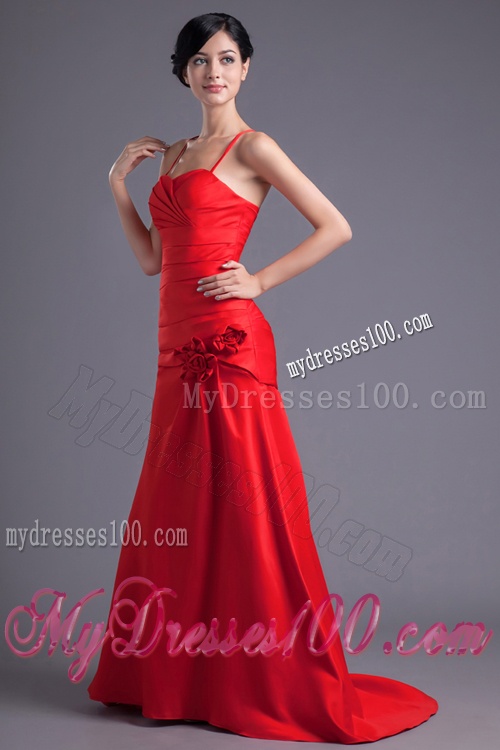 Column Spaghetti Straps Wine Red Ruching Hand Made Flower Brush Train Evening Dress