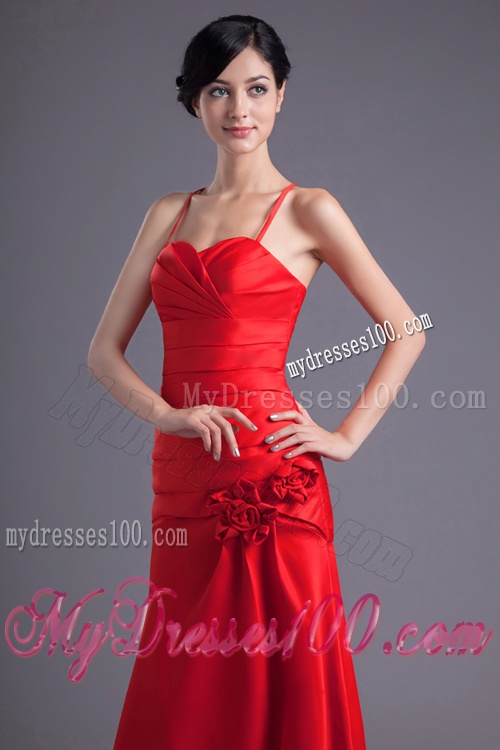 Column Spaghetti Straps Wine Red Ruching Hand Made Flower Brush Train Evening Dress
