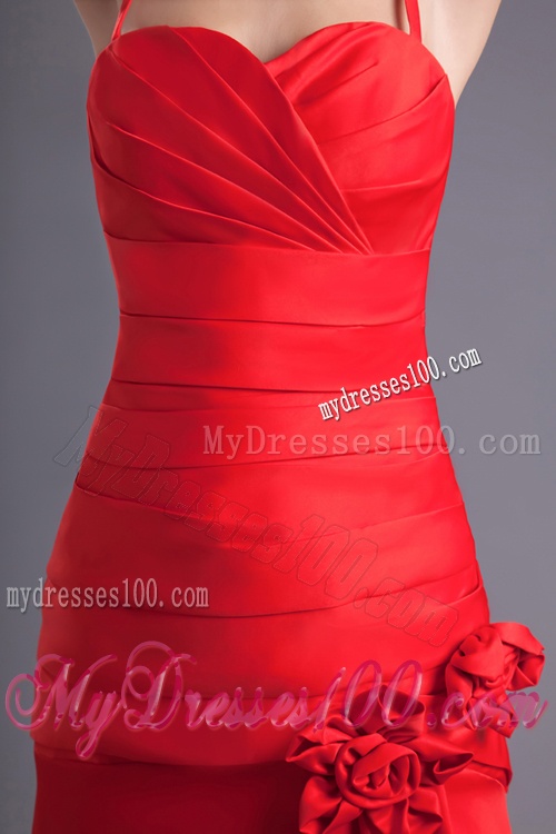 Column Spaghetti Straps Wine Red Ruching Hand Made Flower Brush Train Evening Dress