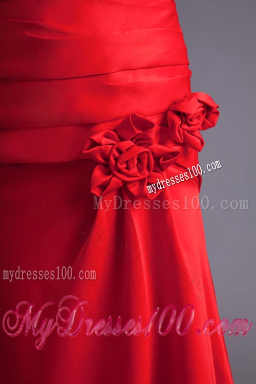 Column Spaghetti Straps Wine Red Ruching Hand Made Flower Brush Train Evening Dress