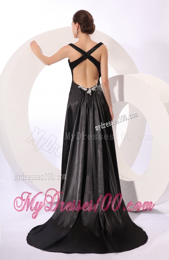 Column Straps Black Elastic Woven Satin Criss Cross Evening Dress with Beading