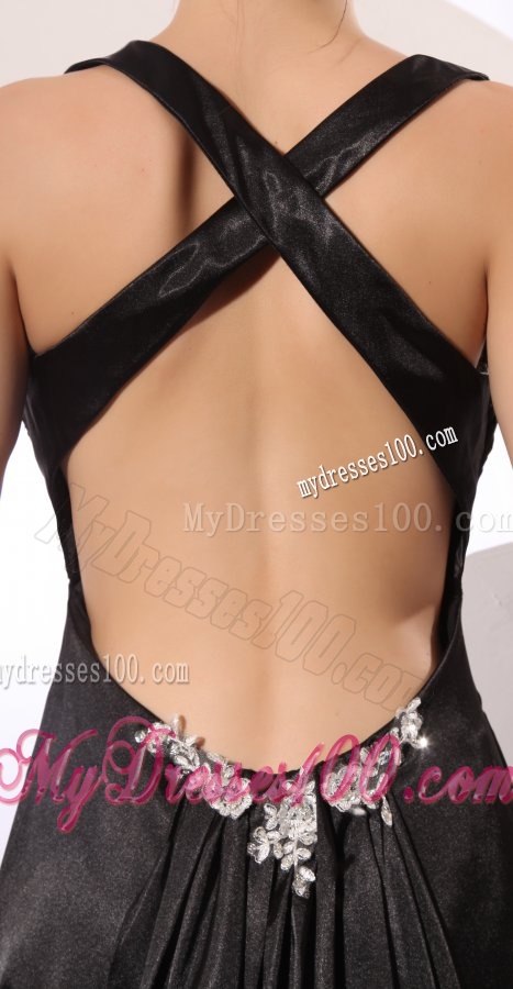 Column Straps Black Elastic Woven Satin Criss Cross Evening Dress with Beading