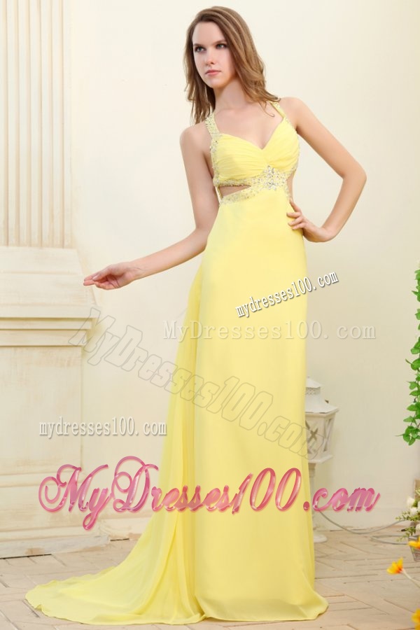 Column Straps Light Yellow Beading and Ruching Evening Dress