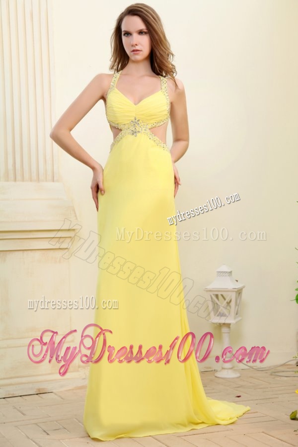 Column Straps Light Yellow Beading and Ruching Evening Dress