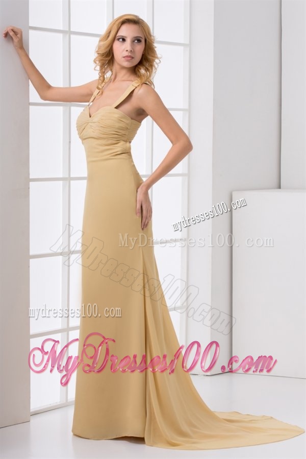 Column Straps Ruching Champagne Chiffon Brush Train Criss Cross Evening Dress