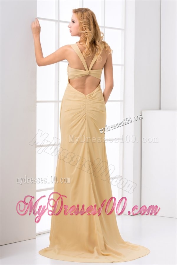 Column Straps Ruching Champagne Chiffon Brush Train Criss Cross Evening Dress
