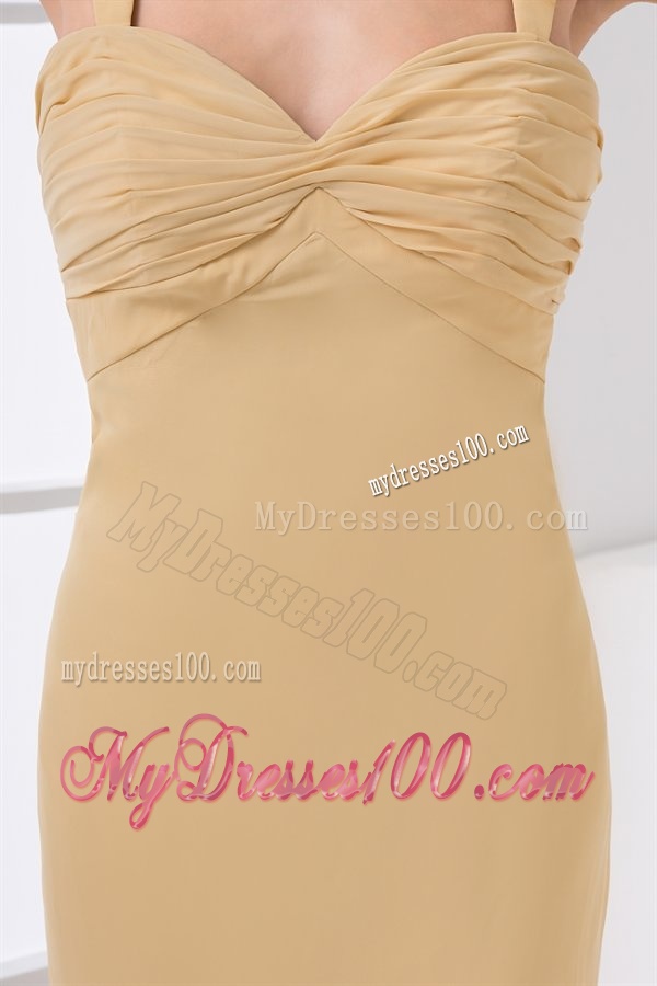 Column Straps Ruching Champagne Chiffon Brush Train Criss Cross Evening Dress