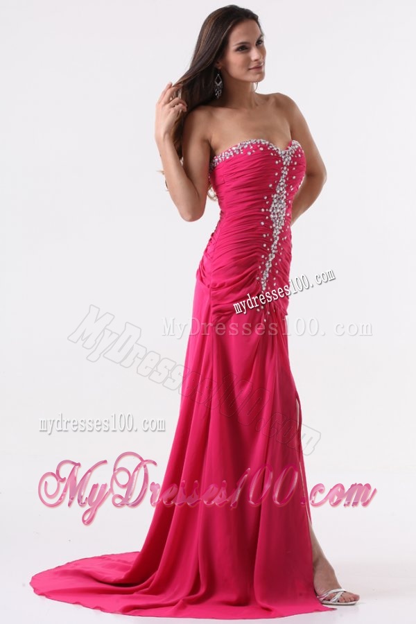 Column Sweetheart Beading and Ruching Hot Pink Long Evening Dress