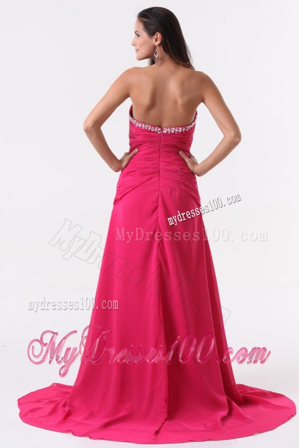 Column Sweetheart Beading and Ruching Hot Pink Long Evening Dress