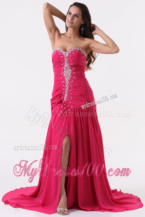 Column Sweetheart Beading and Ruching Hot Pink Long Evening Dress