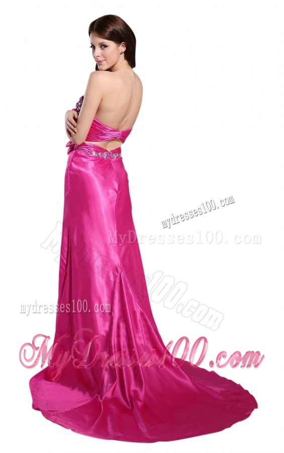 Column Sweetheart Hot Pink Brush Train Evening Dress with Beading