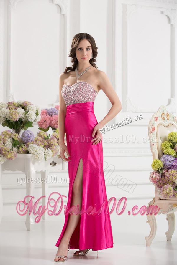 Column Sweetheart Taffeta Beading Hot Pink Ankle-length Evening Dress