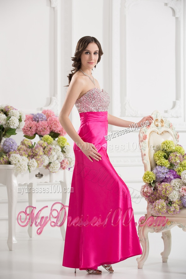 Column Sweetheart Taffeta Beading Hot Pink Ankle-length Evening Dress