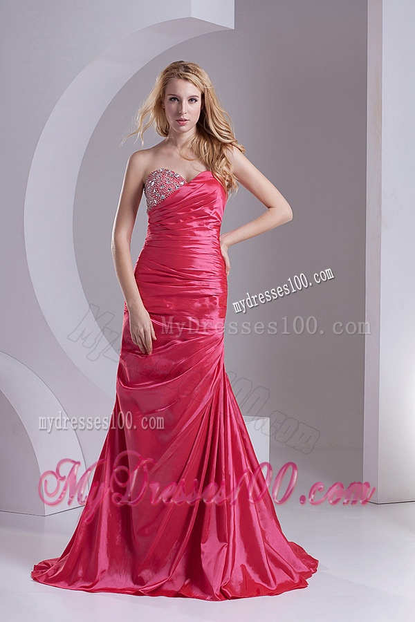 Column Sweetheart Taffeta Beading Ruching Coral Red Evening Dress
