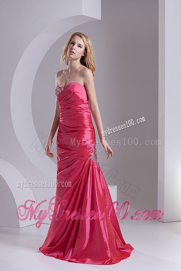 Column Sweetheart Taffeta Beading Ruching Coral Red Evening Dress