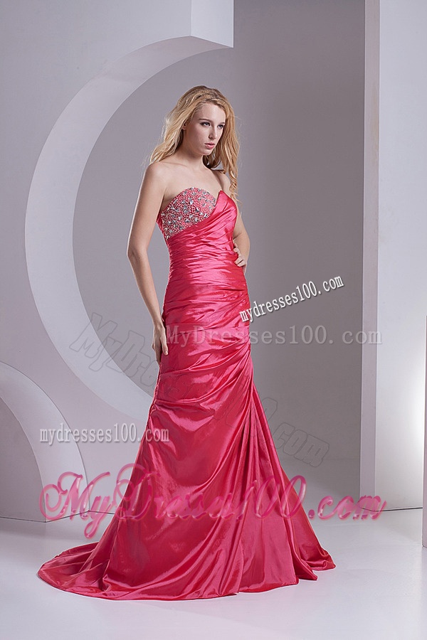 Column Sweetheart Taffeta Beading Ruching Coral Red Evening Dress