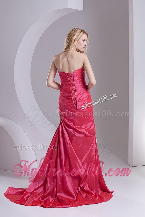 Column Sweetheart Taffeta Beading Ruching Coral Red Evening Dress