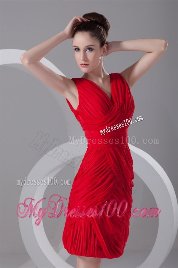 Column V-neck Mini-length Chiffon Red Ruching Evening Dress