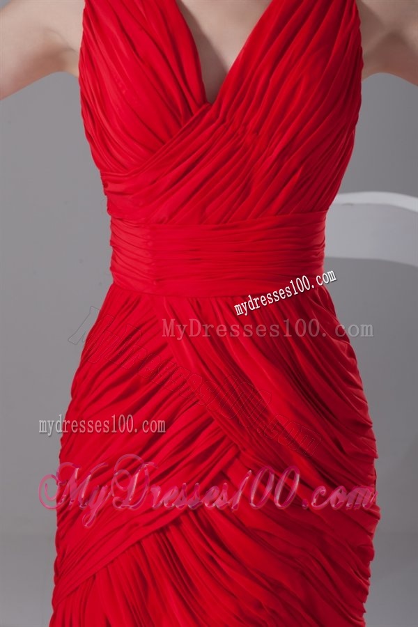Column V-neck Mini-length Chiffon Red Ruching Evening Dress