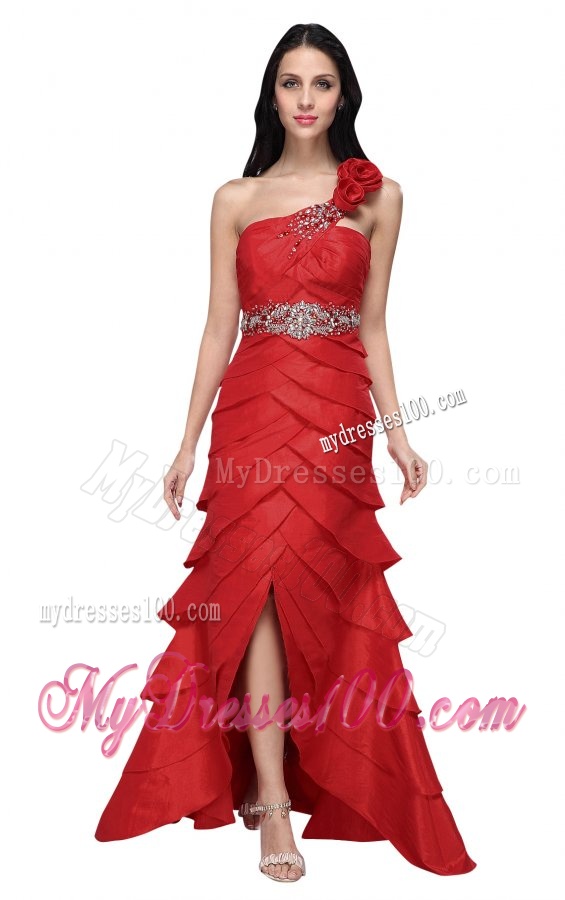 Column Wine Red Hand Made Flowers Strapless Beading Evening Dress with Ruffled Layers