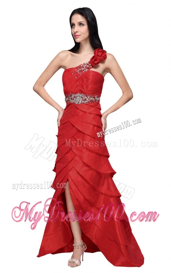 Column Wine Red Hand Made Flowers Strapless Beading Evening Dress with Ruffled Layers