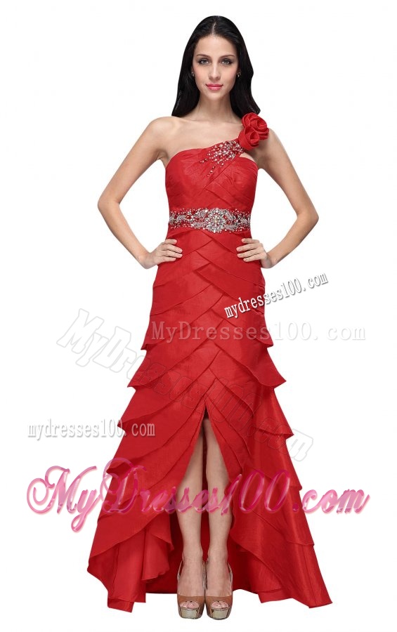Column Wine Red Hand Made Flowers Strapless Beading Evening Dress with Ruffled Layers