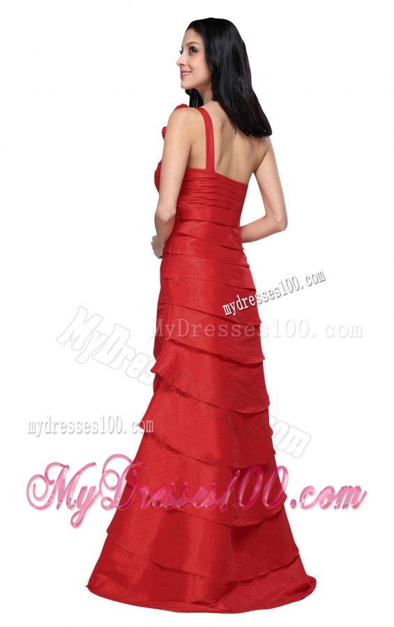 Column Wine Red Hand Made Flowers Strapless Beading Evening Dress with Ruffled Layers