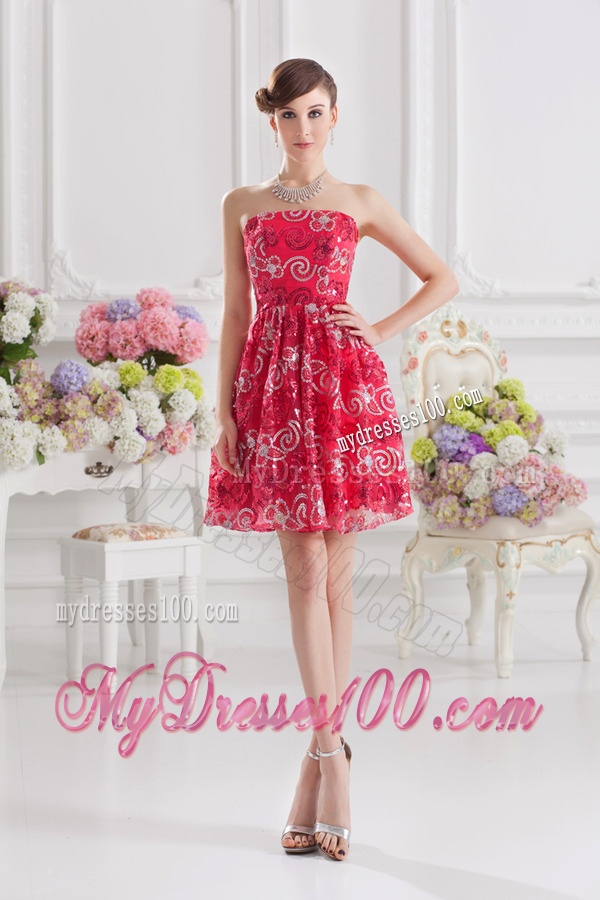 Coral Red A-line Strapless Sequins Evening Dress for 2016 Summer