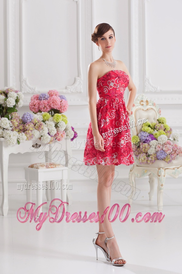 Coral Red A-line Strapless Sequins Evening Dress for 2016 Summer
