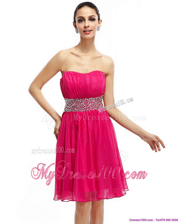 Coral Red Strapless Short Evening Dresses with Ruching and Rhinestones