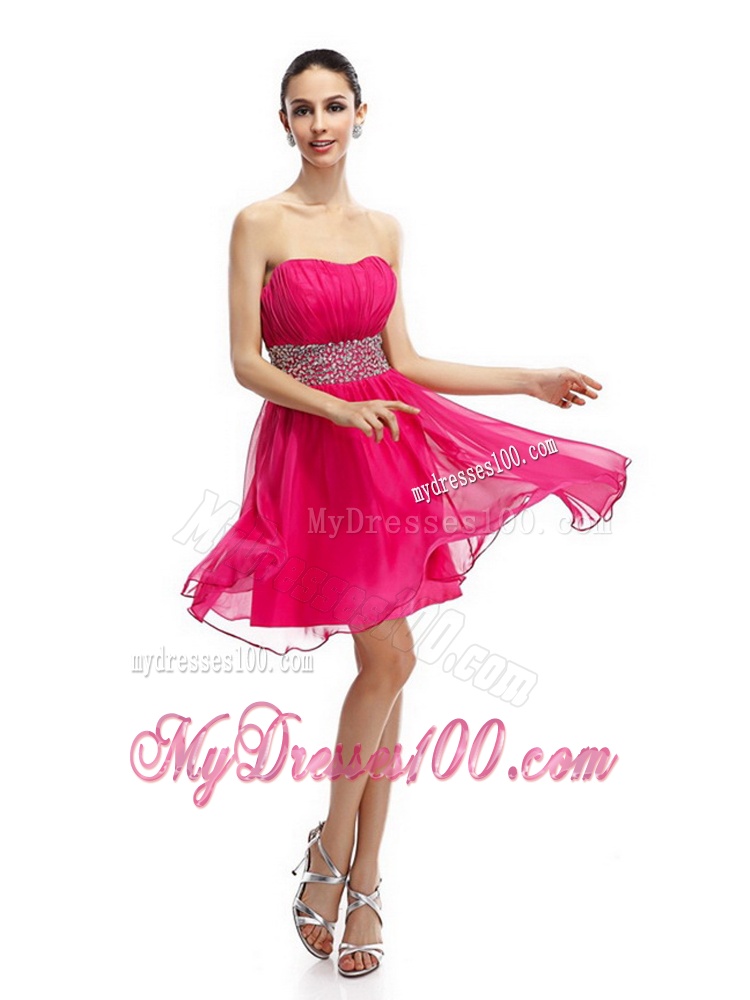 Coral Red Strapless Short Evening Dresses with Ruching and Rhinestones