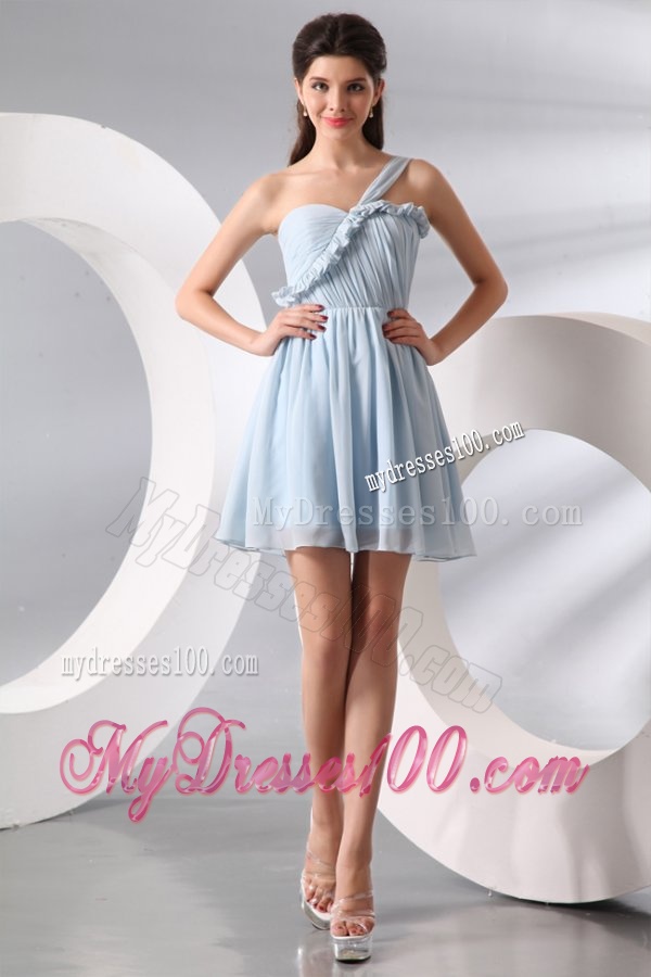 Cute Light Blue One Shoulder Ruching Mini-length Evening Cocktail Dress