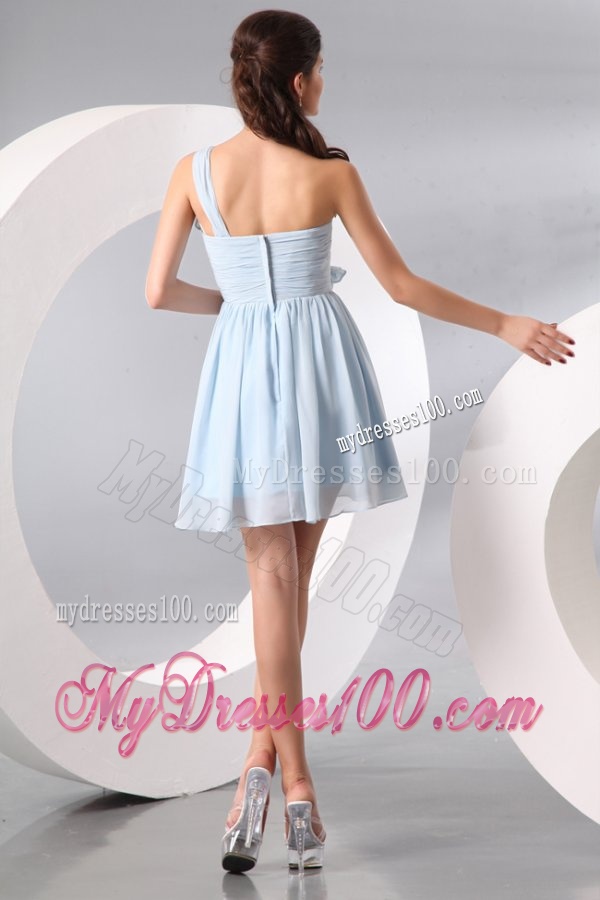 Cute Light Blue One Shoulder Ruching Mini-length Evening Cocktail Dress