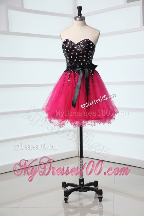 Cute Sweetheart Black and Hot Pink Evening Dress with Bowknot