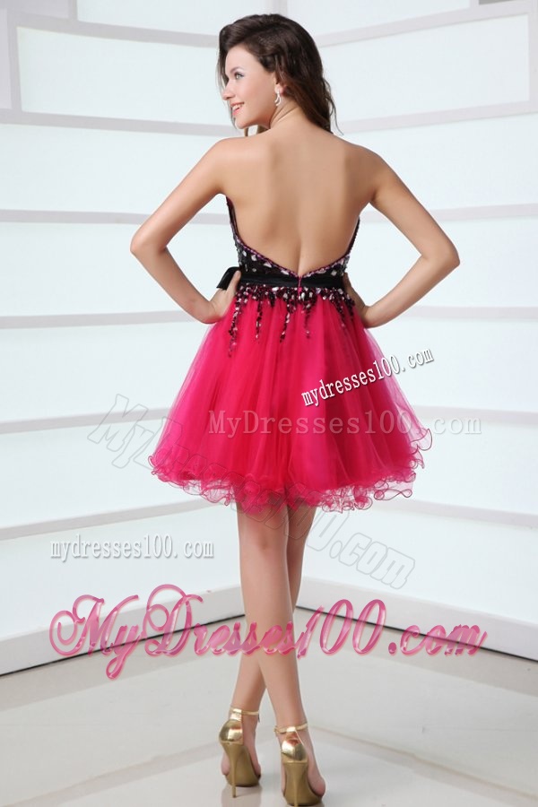 Cute Sweetheart Black and Hot Pink Evening Dress with Bowknot