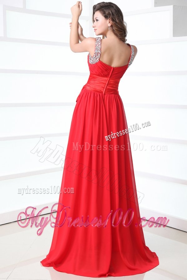 Elegant Column V-neck Red Brush Train Chiffon Evening Dress with Beading