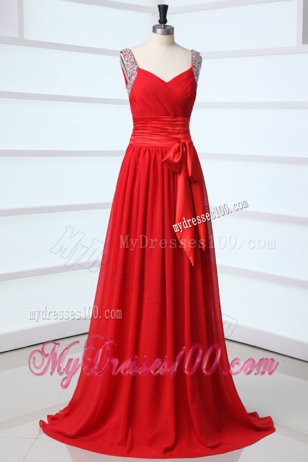 Elegant Column V-neck Red Brush Train Chiffon Evening Dress with Beading
