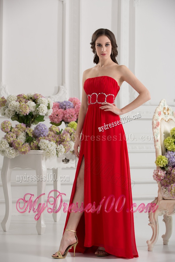 Empier Strapless Chiffon Beading Ruching High Slit Red Evening Dress
