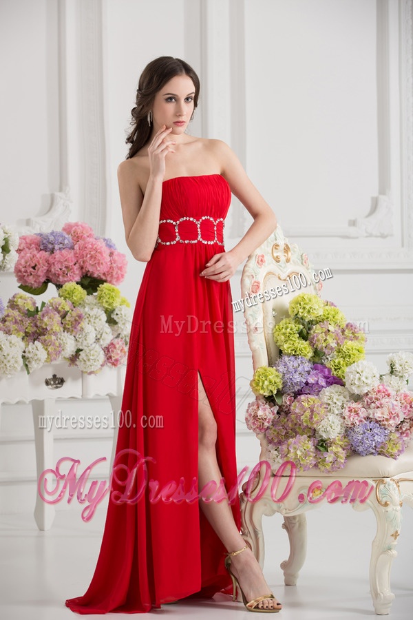 Empier Strapless Chiffon Beading Ruching High Slit Red Evening Dress