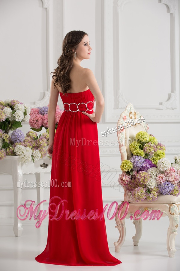Empier Strapless Chiffon Beading Ruching High Slit Red Evening Dress